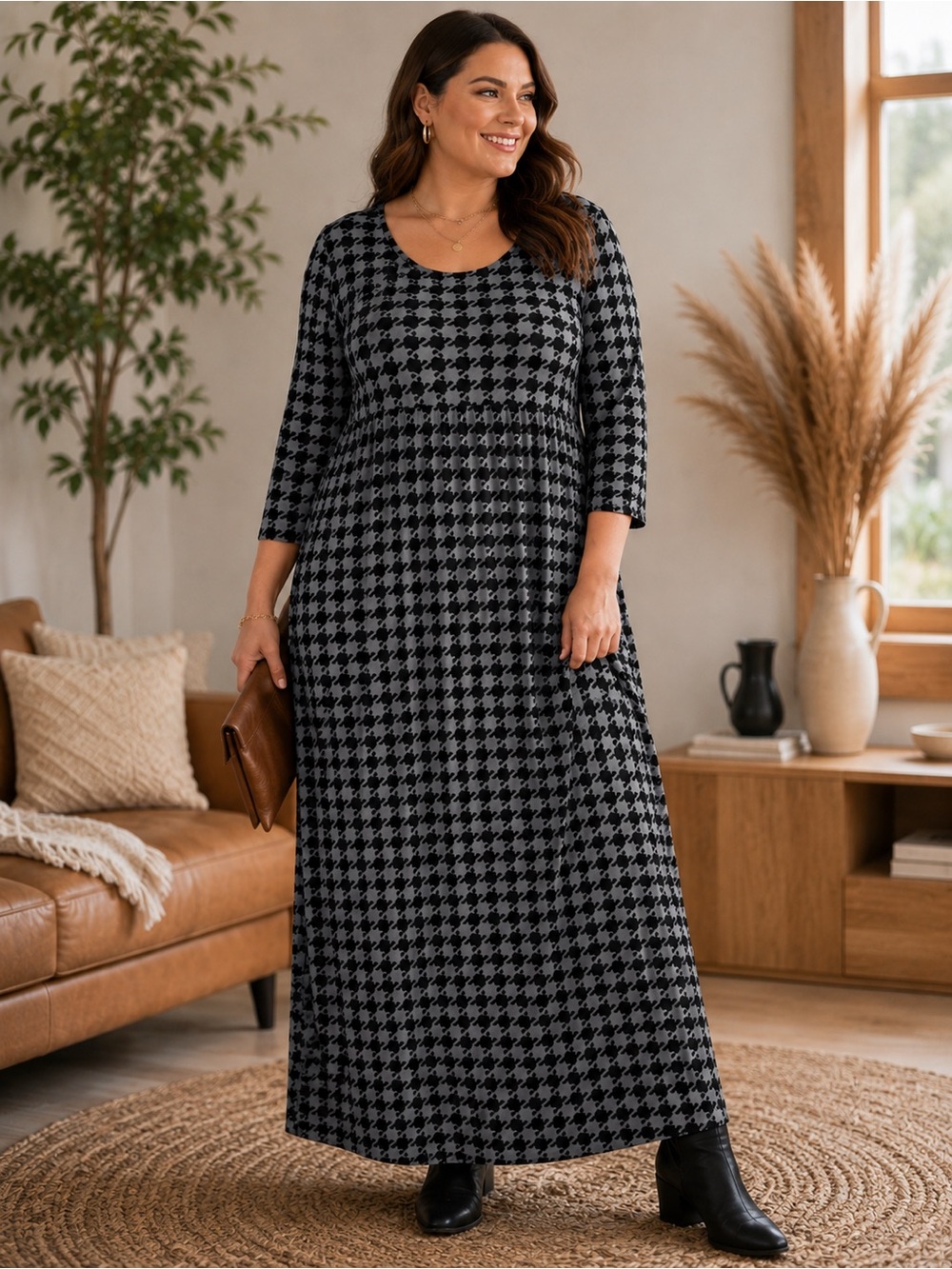 Ulla Popken Monochrome Houndstooth Black Gray‎ 3/4 Sleeve Slinky Maxi Dress